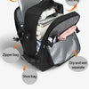 Black nylon travel backpack designed for multi-layer storage including computer, daily clothing, and separate dry/wet compart