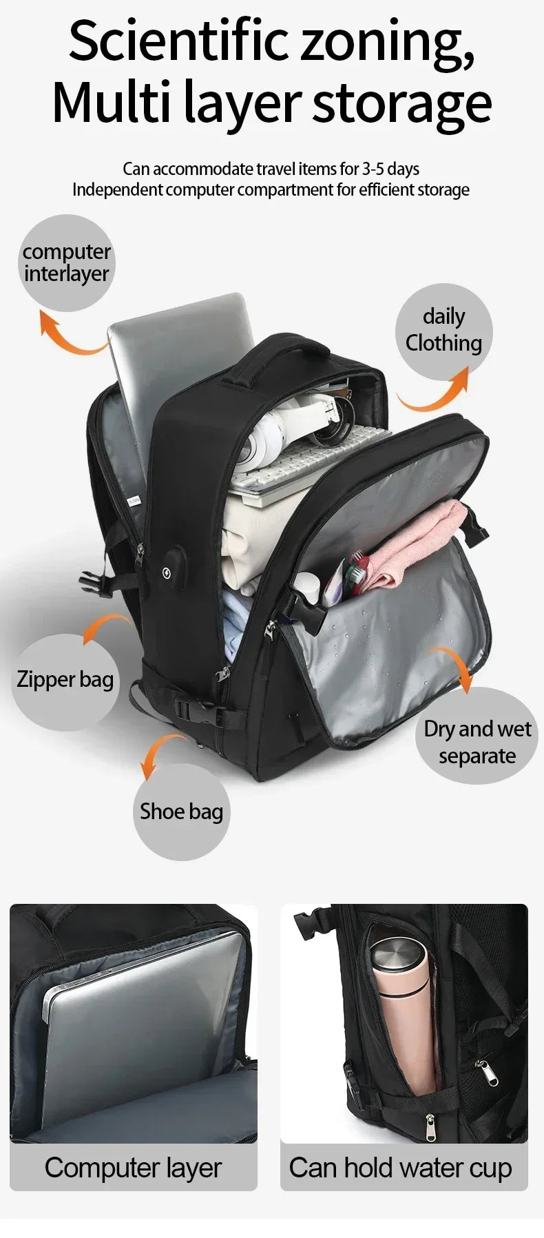 Black nylon travel backpack designed for multi-layer storage including computer, daily clothing, and separate dry/wet compart