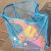 A light blue mesh tote bag with a translucent design is shown against a textured background.