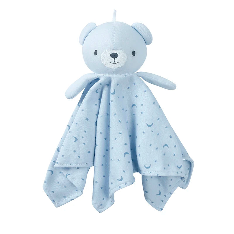 Light blue stuffed animal bear comforter with embroidered features and star patterns