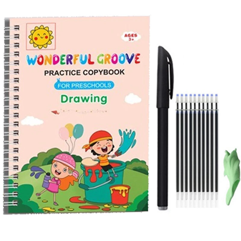 A pink practice copybook titled Wonderful Groove Drawing for preschoolers with crayons and pencils.