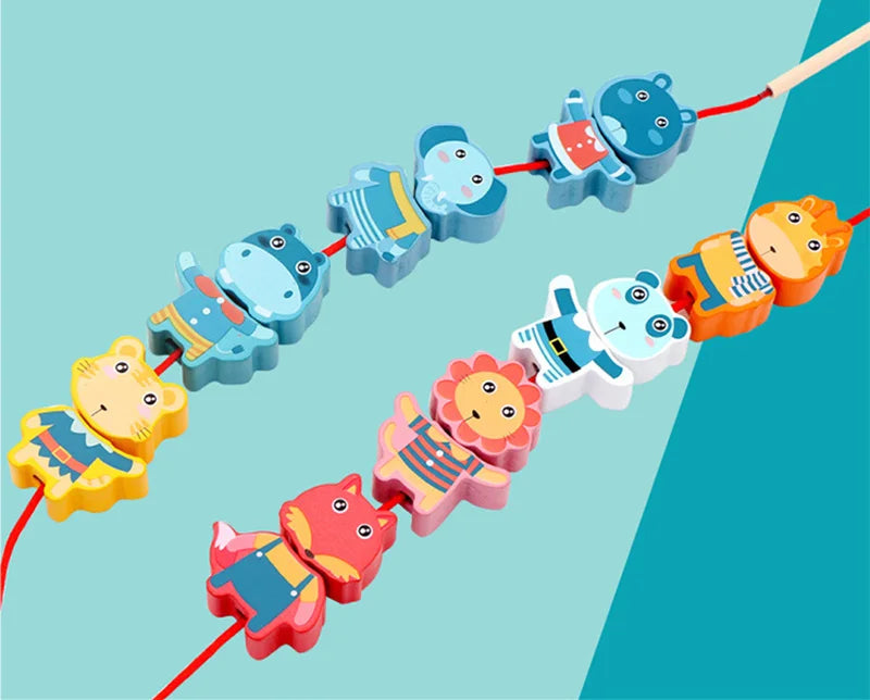 Wooden Lacing Beads Set for Kids with Animal, Fruit, Letter & Number Shapes