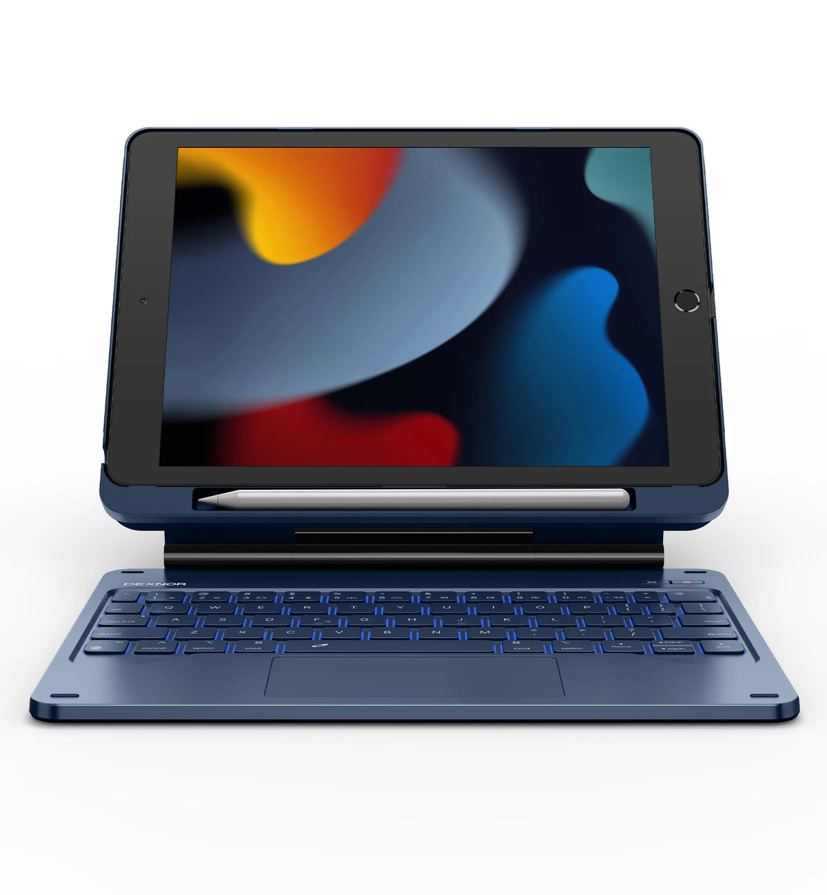 A blue Magnetic Bluetooth Keyboard Case with a trackpad for an iPad is shown on a white background.