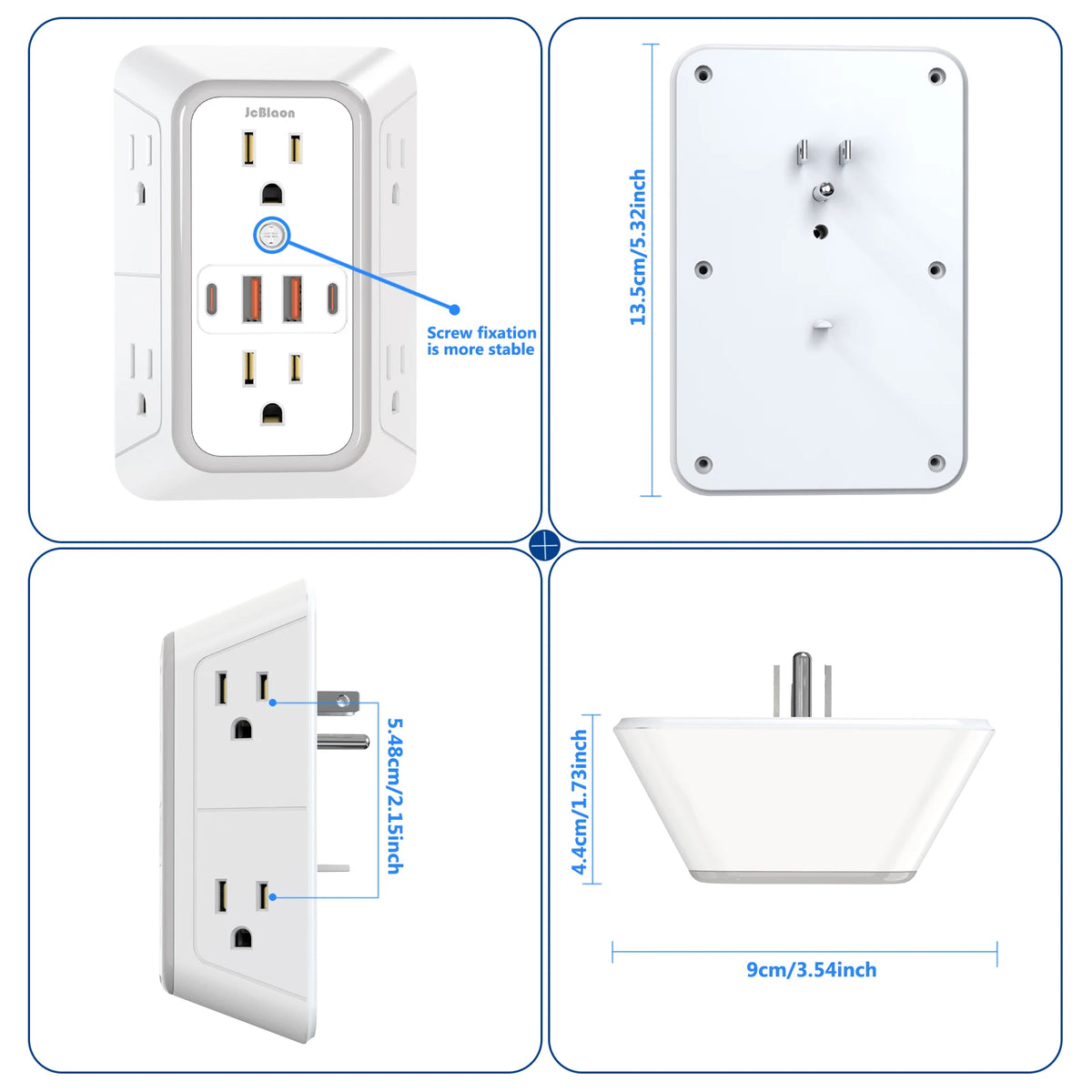 Diagrams showing the installation and components of a 6-outlet surge protector power strip with USB charging ports.