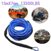 Blue synthetic winch rope coiled in a black protective sheath with an attached hook.