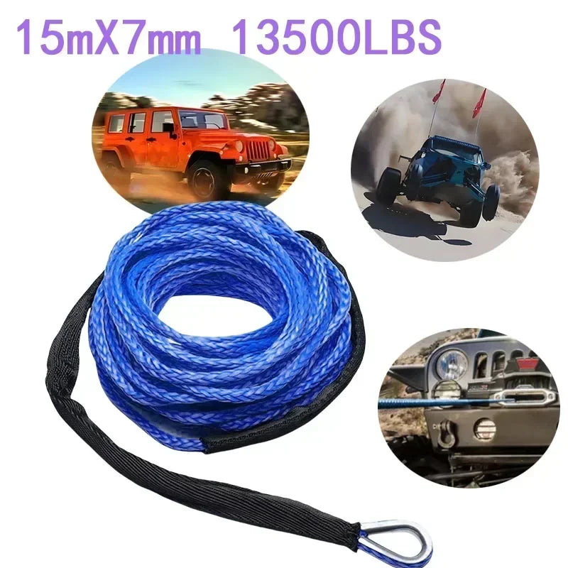 Blue synthetic winch rope coiled in a black protective sheath with an attached hook.