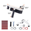 Angle grinder belt sander attachment with 6 adapters and 10 sanding belts shown with dimensions.