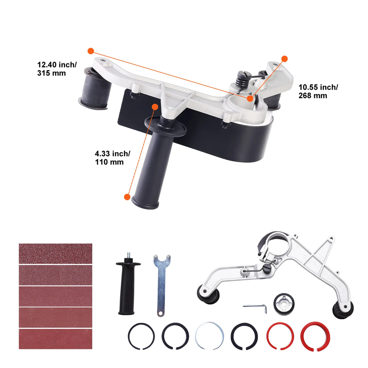 Angle grinder belt sander attachment with 6 adapters and 10 sanding belts shown with dimensions.