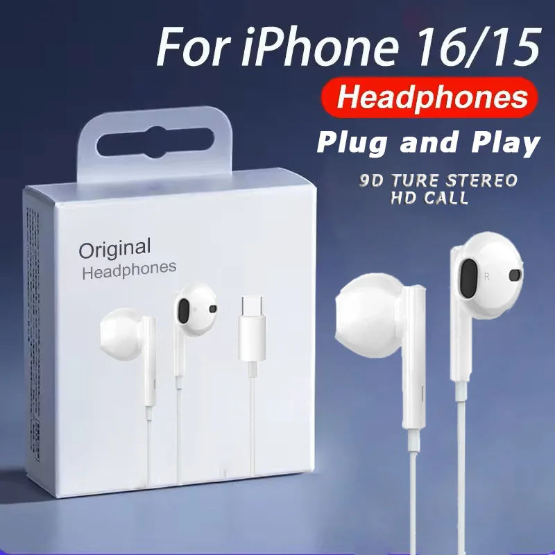 White original headphones for iPhone 16/15 plug and play with a charging cable