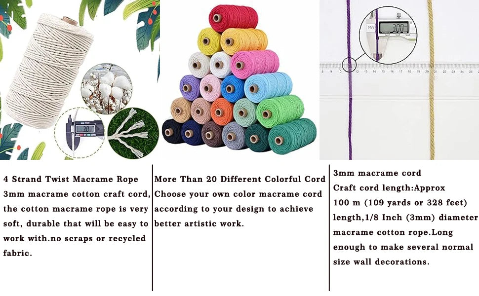 A variety of colorful 3mm and 4mm twisted macrame cotton cords are displayed in a pyramid shape for crafting.
