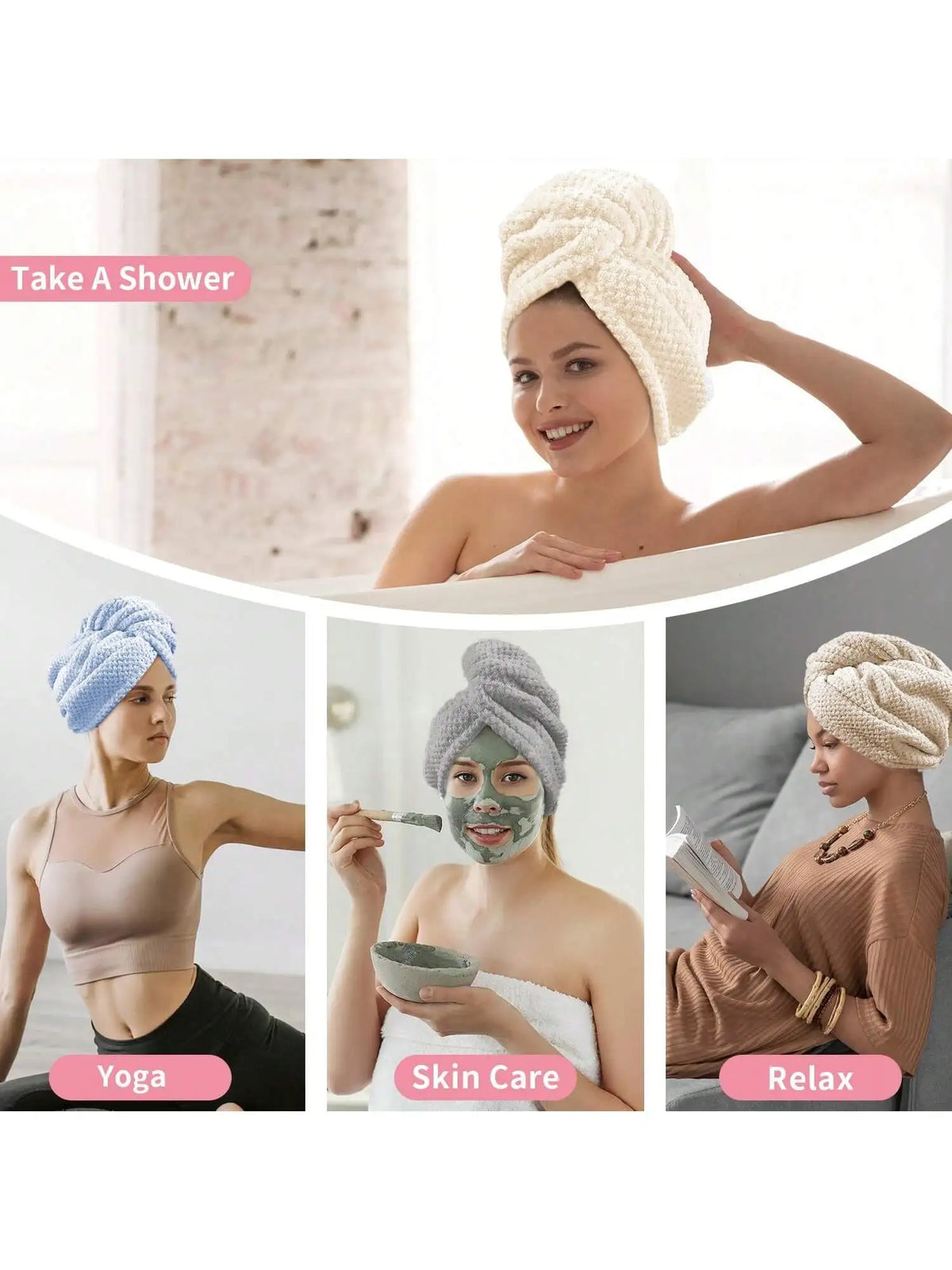 A woman is shown using a white towel wrap for a shower, alongside images demonstrating yoga, skincare, and relaxation.