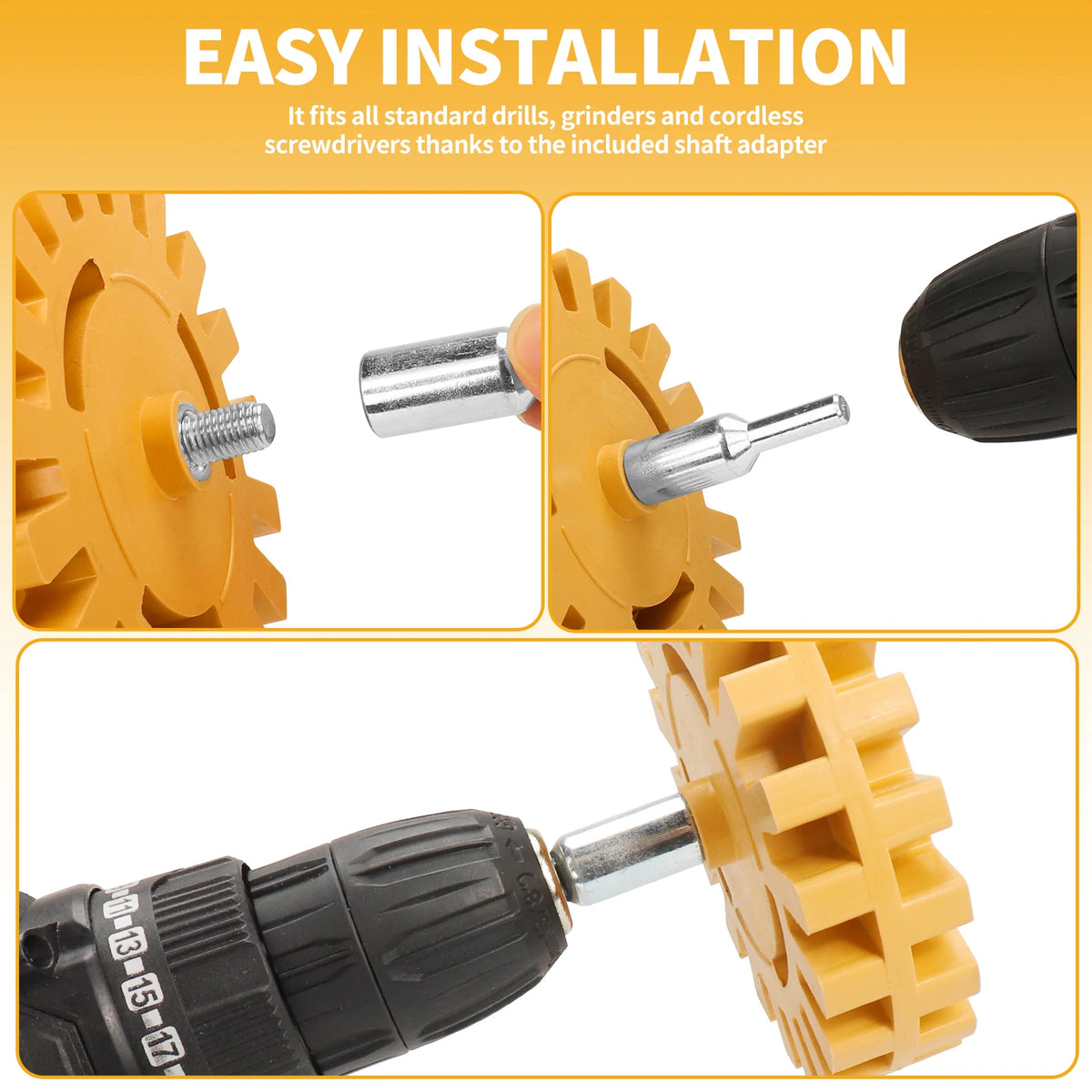 A rubber eraser wheel for sticker and decal removal is shown with a metal shaft adapter and a drill.