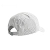 A white mesh baseball cap with a curved brim and a logo on the front
