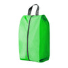A bright lime green foldable nylon shoe storage bag with a zippered top and black carrying straps.