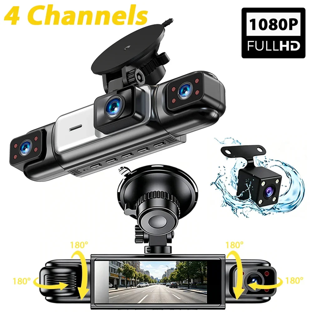 A black 4 channel 1080p dash cam is shown with various angles and a display view.