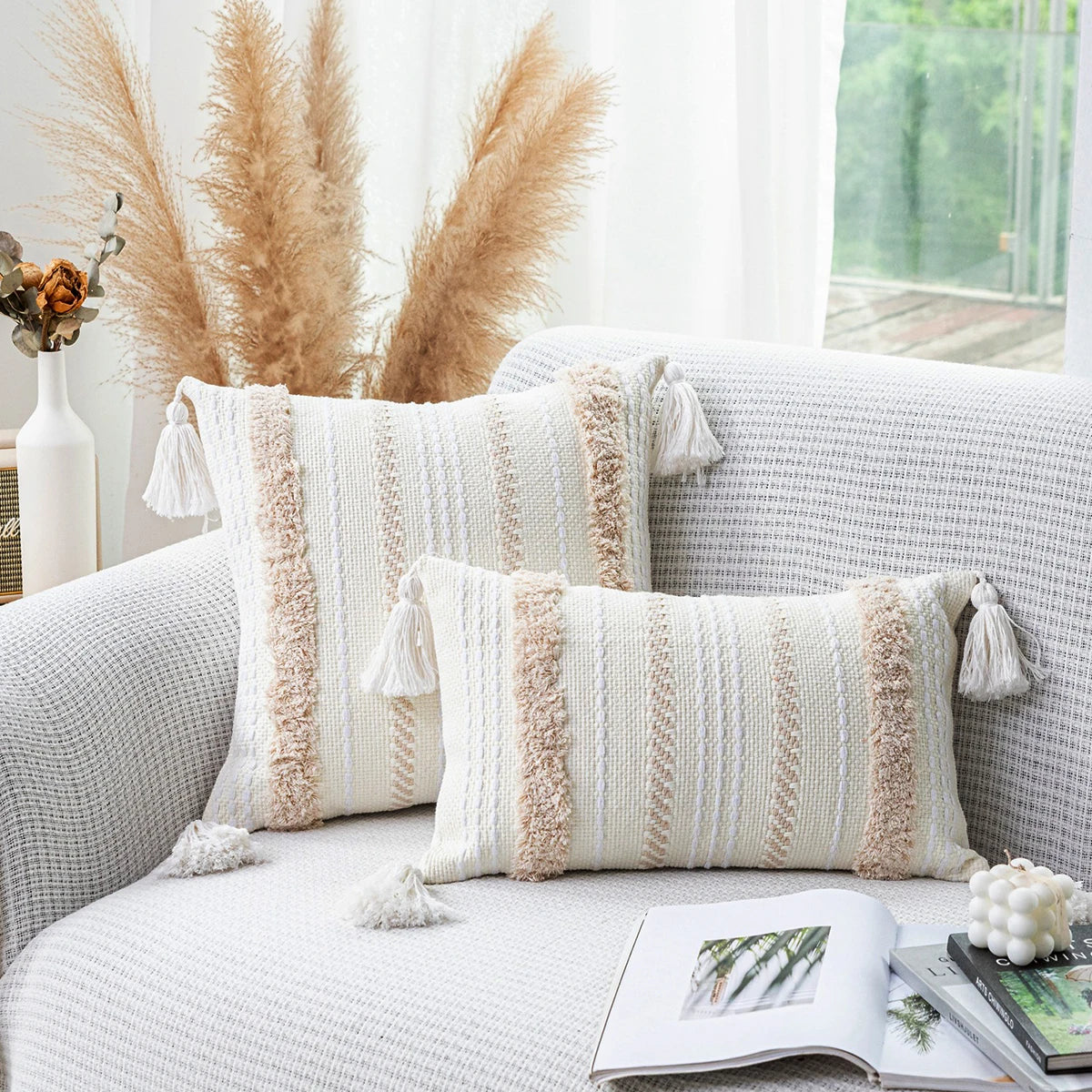 Boho Tufted Throw Pillow Cover with Tassels