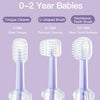 A set of silicone baby toothbrushes, including a tongue cleaner and deciduous toothbrush, shown against a light purple backgr