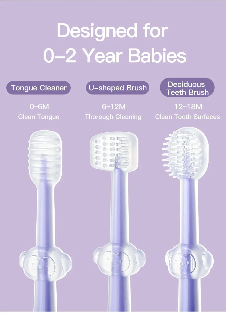 A set of silicone baby toothbrushes, including a tongue cleaner and deciduous toothbrush, shown against a light purple backgr
