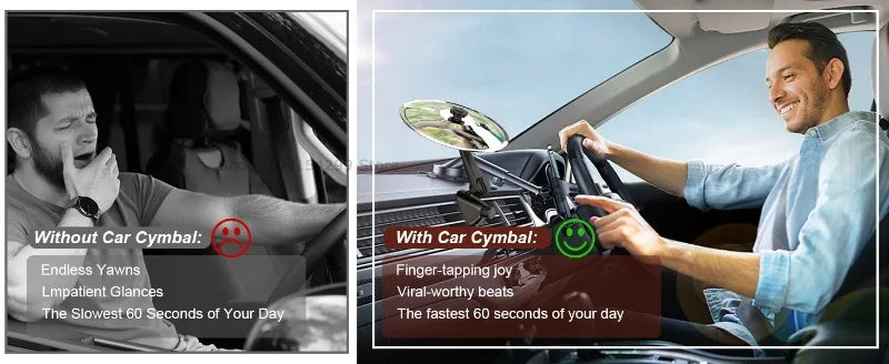 A man is driving a car with a clip-on drum called Car Cymbal, enjoying music and having a positive experience.