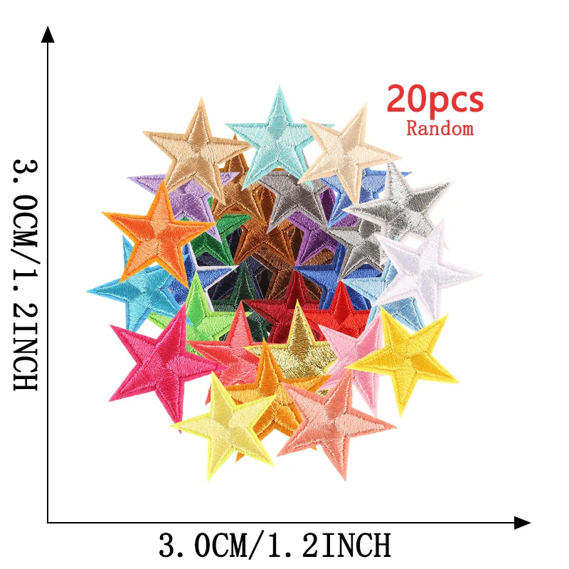 A collection of 20 random star embroidery patches in various colors and shades displayed on a grid.