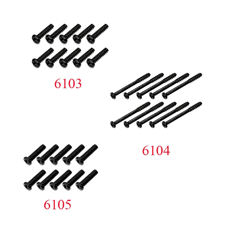 A collection of various black RC car receiver parts, including six items labeled 6103, six items labeled 6104, and six items 