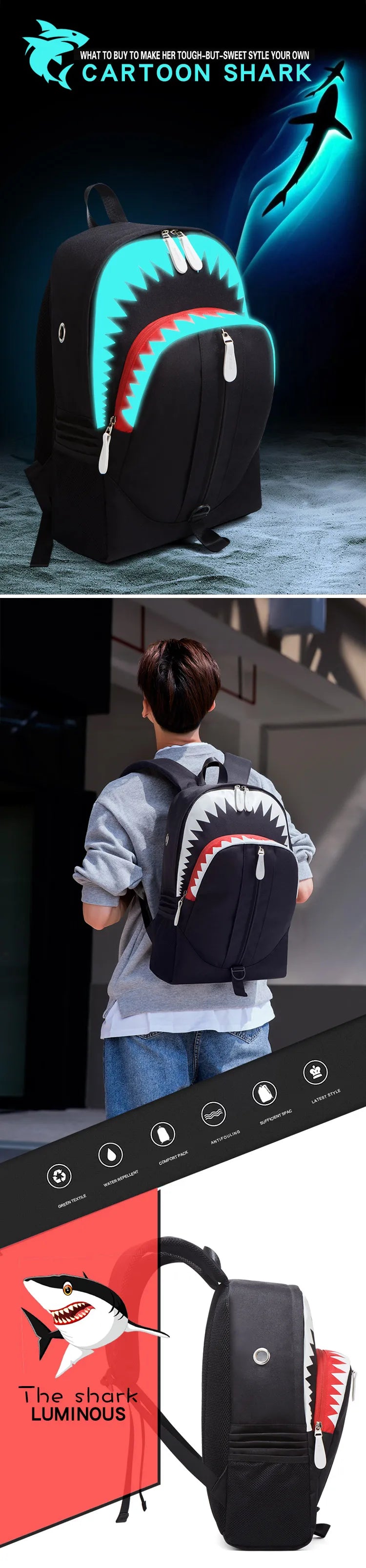 Shark Luminous USB Backpack with Anti-Theft Design