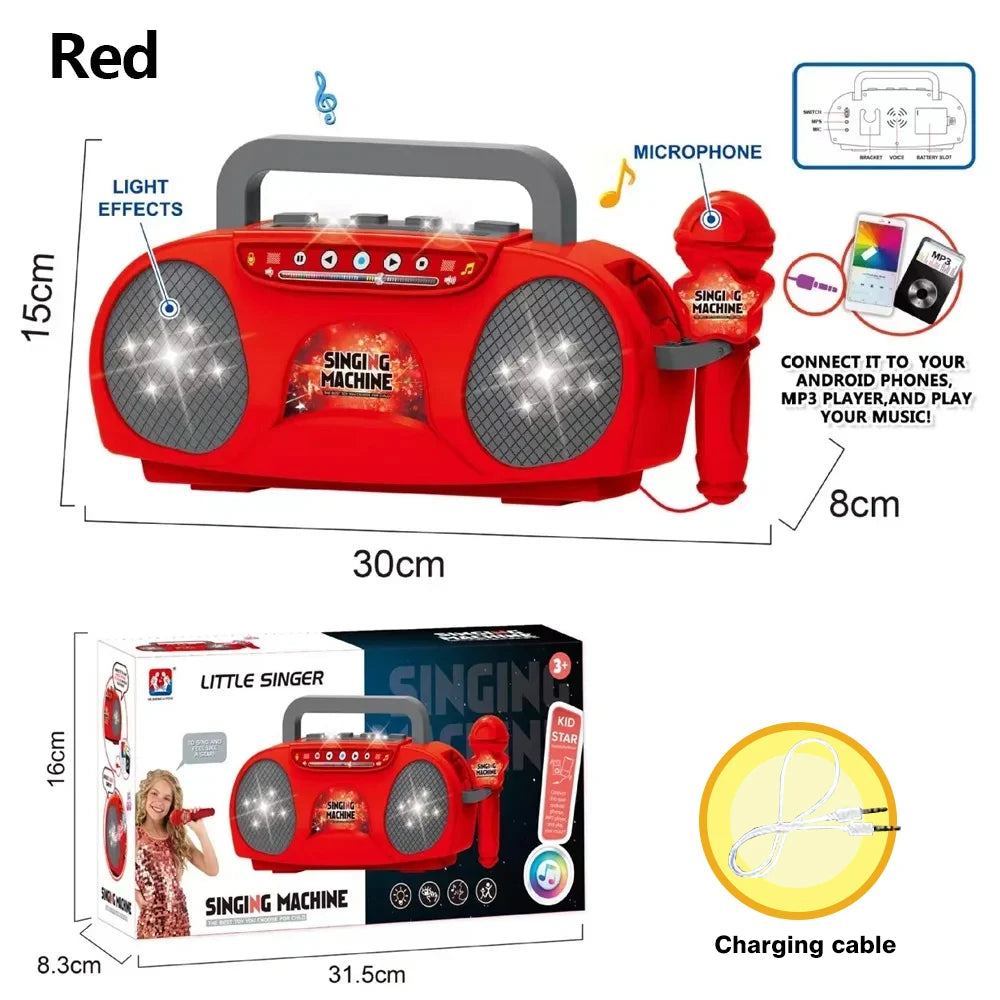 A red singing machine karaoke microphone stand with a built-in speaker and charging cable.