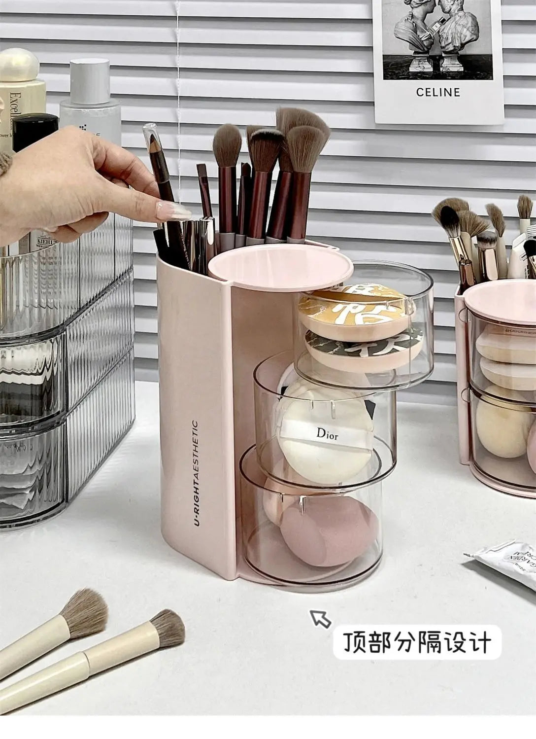 Clear acrylic hair accessories organizer with rotating compartments and various brushes and tools