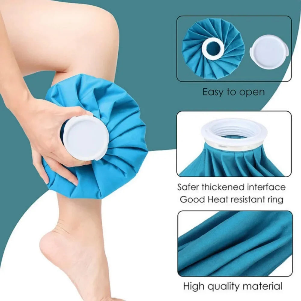 A hand is wrapping a reusable blue fabric ice pack around a leg, showing the easy opening and quality material.