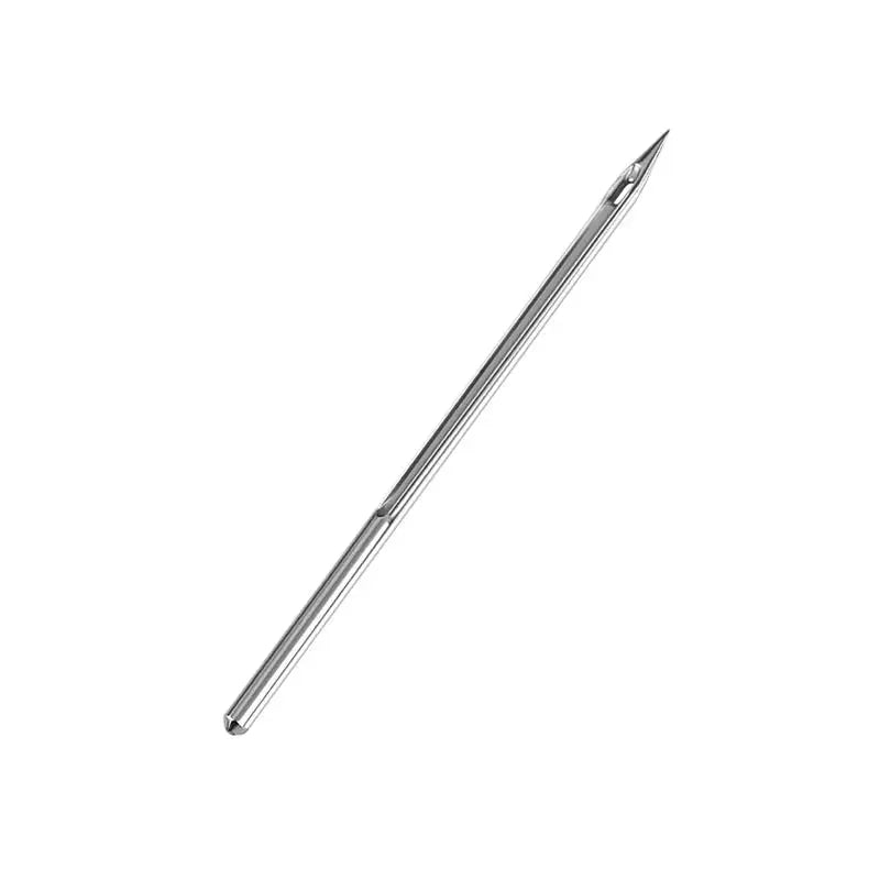 A silver leather sewing awl set with replaceable needles shown diagonally.