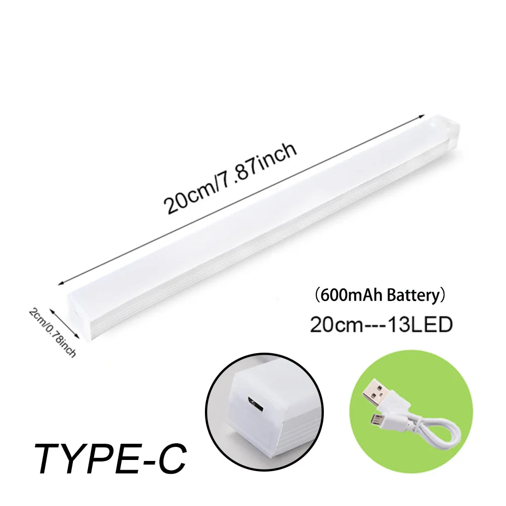 A white LED light strip with a Type-C connector and a battery, measuring 20cm long.