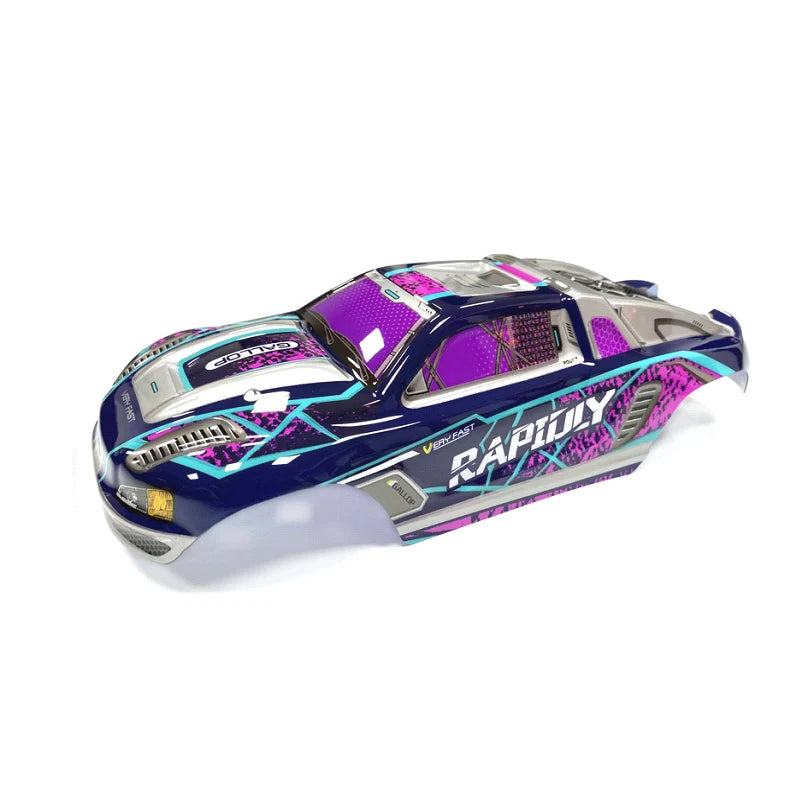 A purple and silver high-speed RC car receiver parts kit with aerodynamic body design.