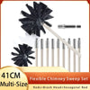 A set of flexible chimney sweep tools including a brush head and hexagonal rods for cleaning vents.