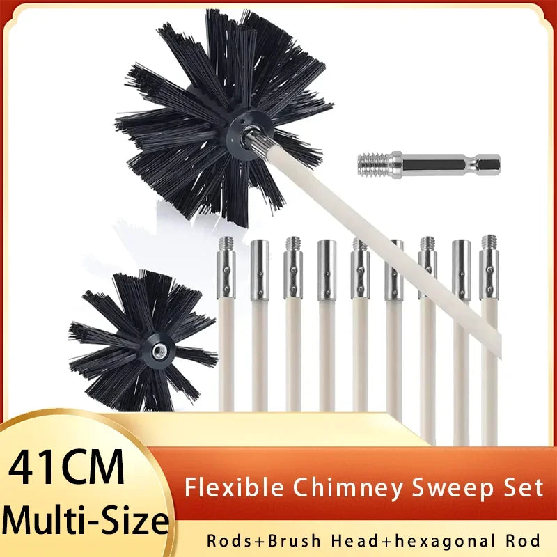 A set of flexible chimney sweep tools including a brush head and hexagonal rods for cleaning vents.