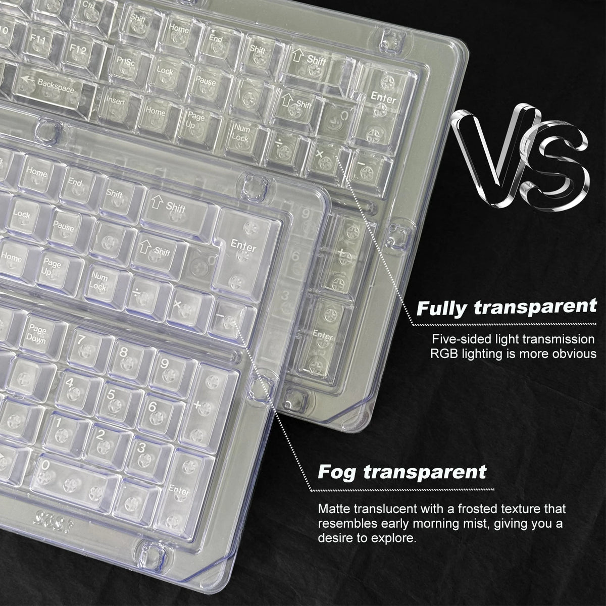 Comparison of fully transparent and fog transparent translucent PC keycaps for mechanical keyboards