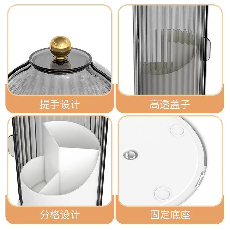 A set of makeup brush organizers featuring a lid, silicone bristles, divided compartments, and a fixed base.