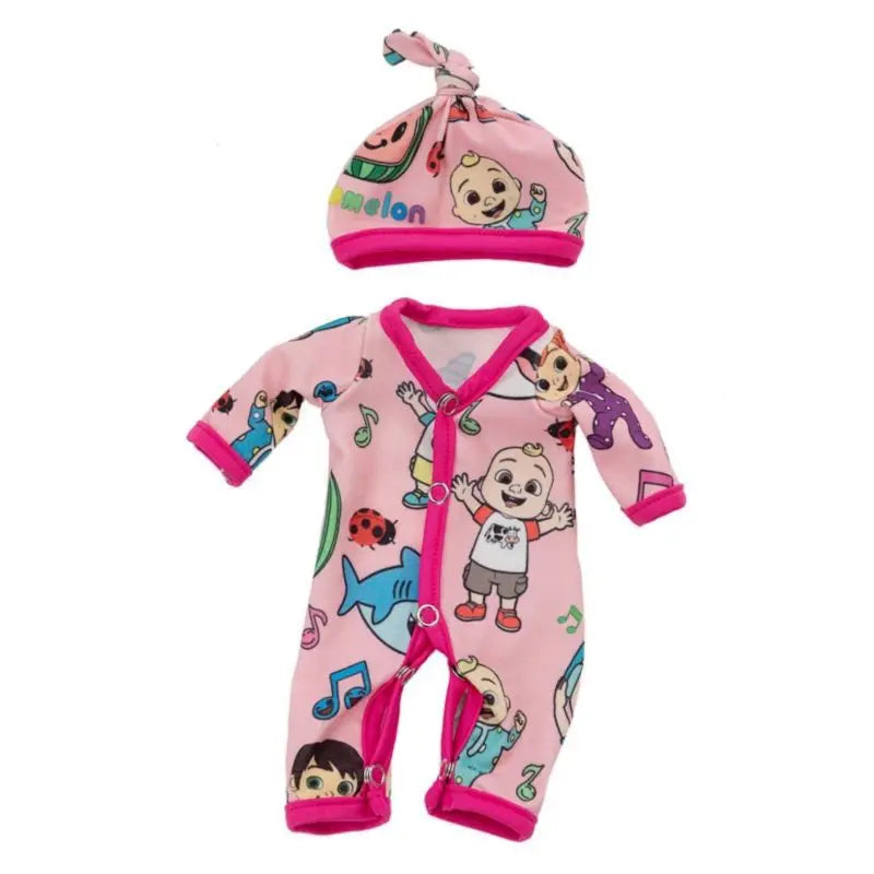 A pink and green jumpsuit outfit for a baby doll featuring a watermelon theme.