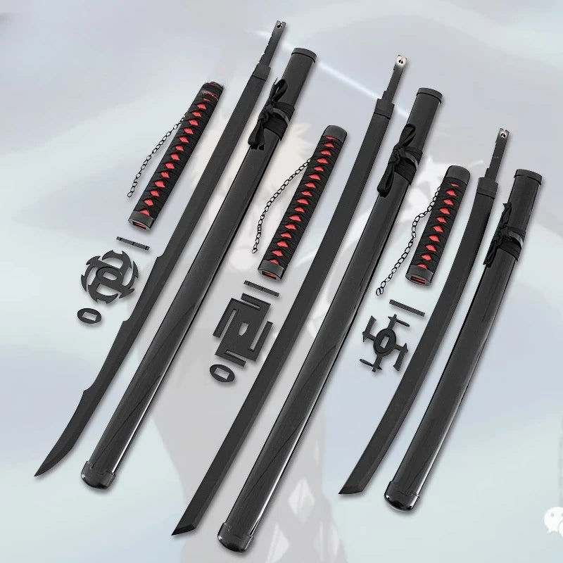 A collection of black wooden katana replicas and related accessories displayed on a light gray background.