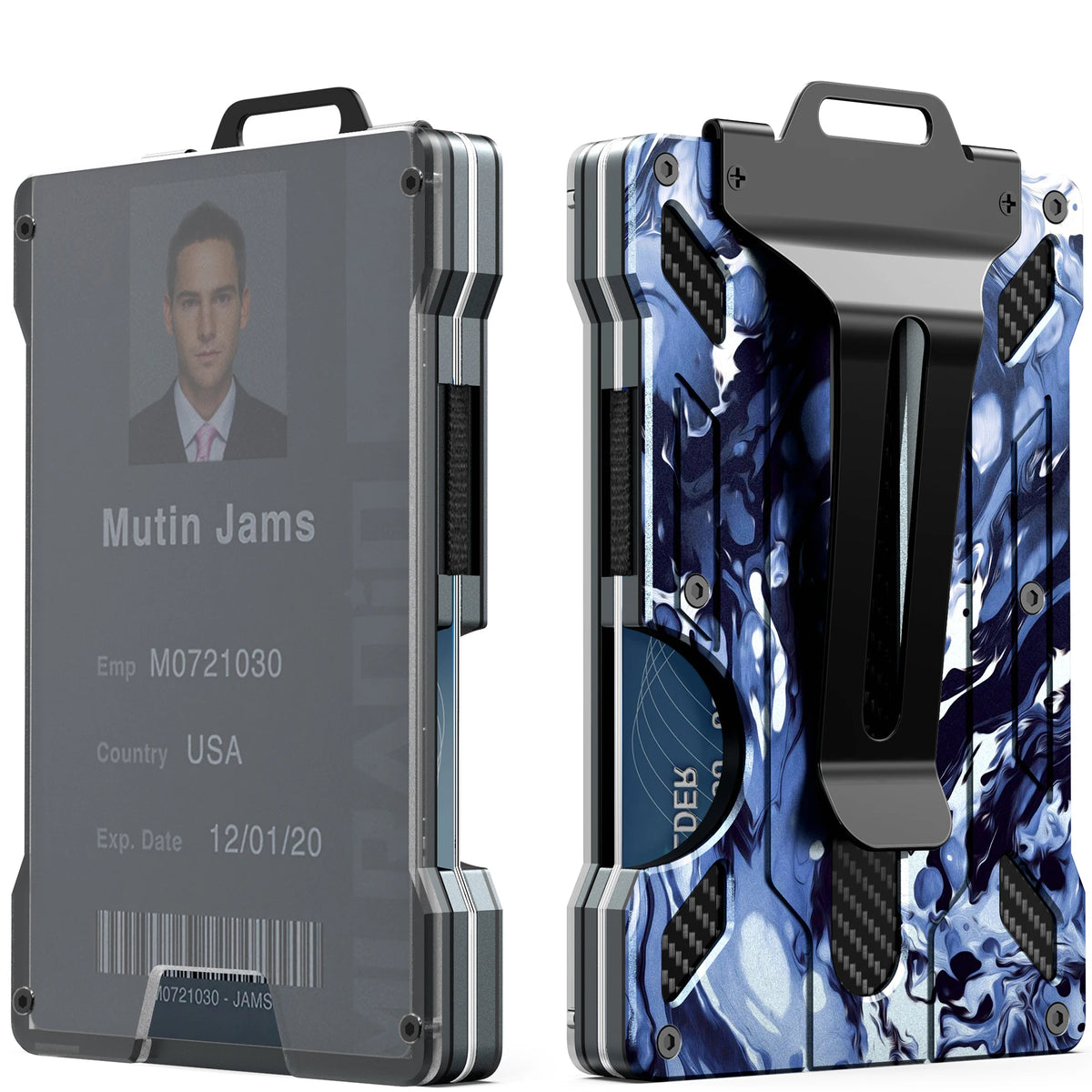A slim aluminum RFID wallet featuring a money clip design with a blue and white marbled pattern.