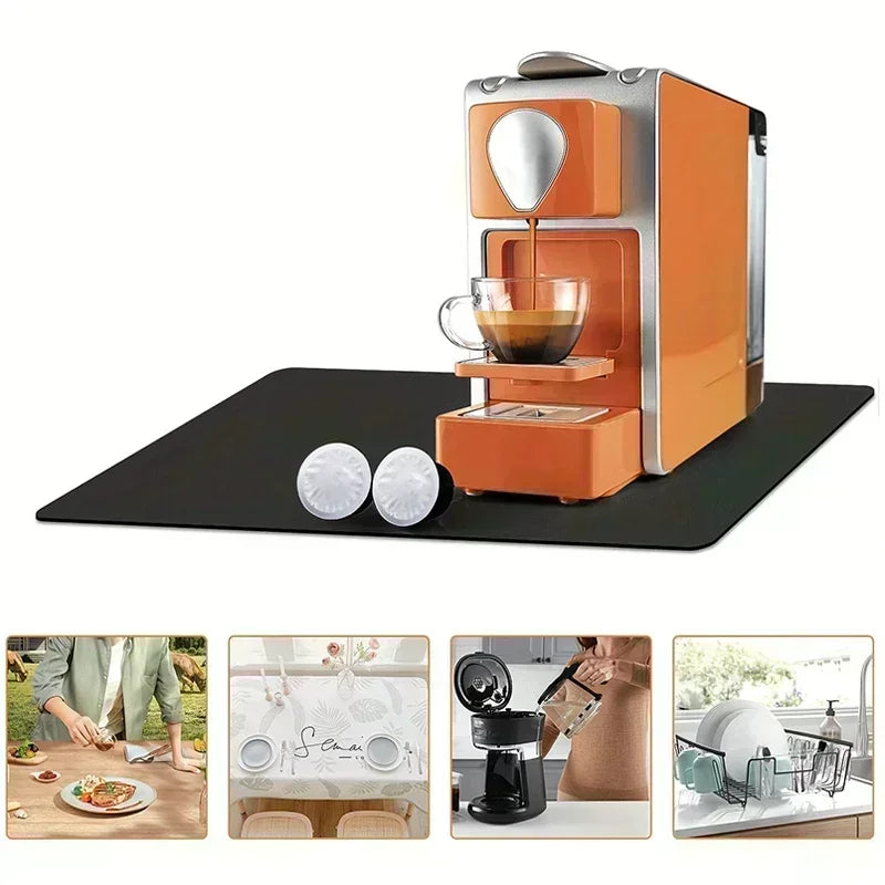An orange and silver kitchen drying mat with a built-in lemon print design and two circular silicone drying discs.