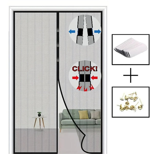 Porte à insectes magnétique auto-fermante avec panneau en maille texturée et pièces de quincaillerie.