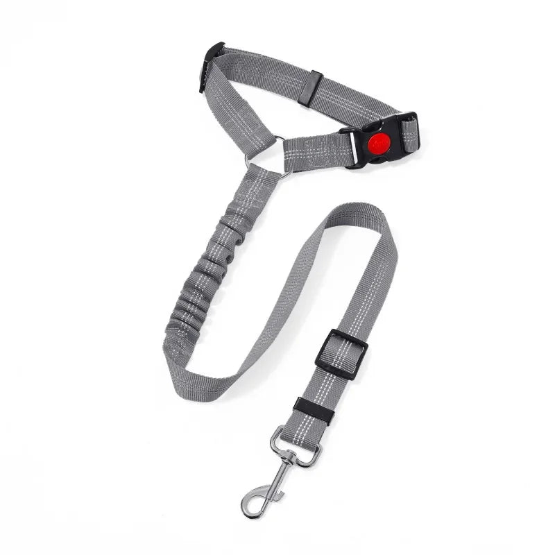 Gray adjustable reflective dog car safety harness with a red headrest strap