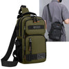 Olive green multifunctional chest bag worn by a man, showing the bag and a similar black version.