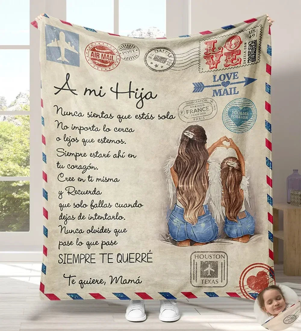A personalized Spanish flannel throw blanket featuring text and patriotic designs for a daughter or granddaughter.