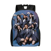 A dark blue canvas backpack featuring five female characters in school uniforms.