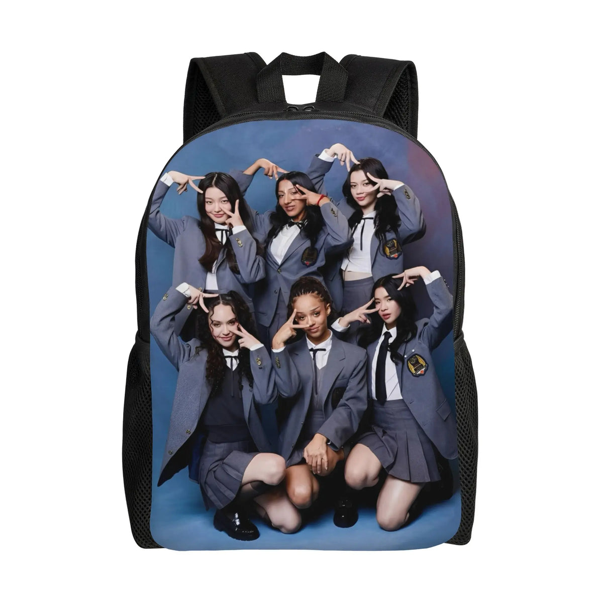 A dark blue canvas backpack featuring five female characters in school uniforms.
