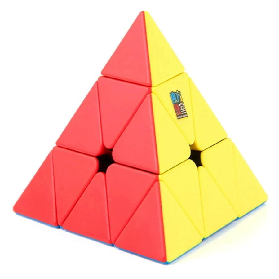 A red and yellow triangular puzzle cube with smooth turning faces.