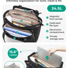 Black laptop tote bag showing four smart zones for organization including a magnetic pocket and electronics compartment