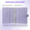 A purple portable card book featuring pen loops, card pockets, and an A5 ring binder with a magnetic buckle closure.