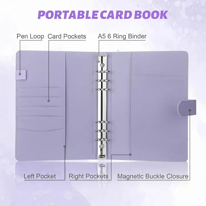 A purple portable card book featuring pen loops, card pockets, and an A5 ring binder with a magnetic buckle closure.